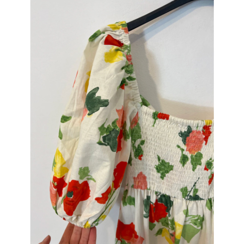 Sezane 4 Carlotta Linen Puff Sleeve Maxi Dress $450 Floral Poppy Square Neck 36 - Picture 11 of 13